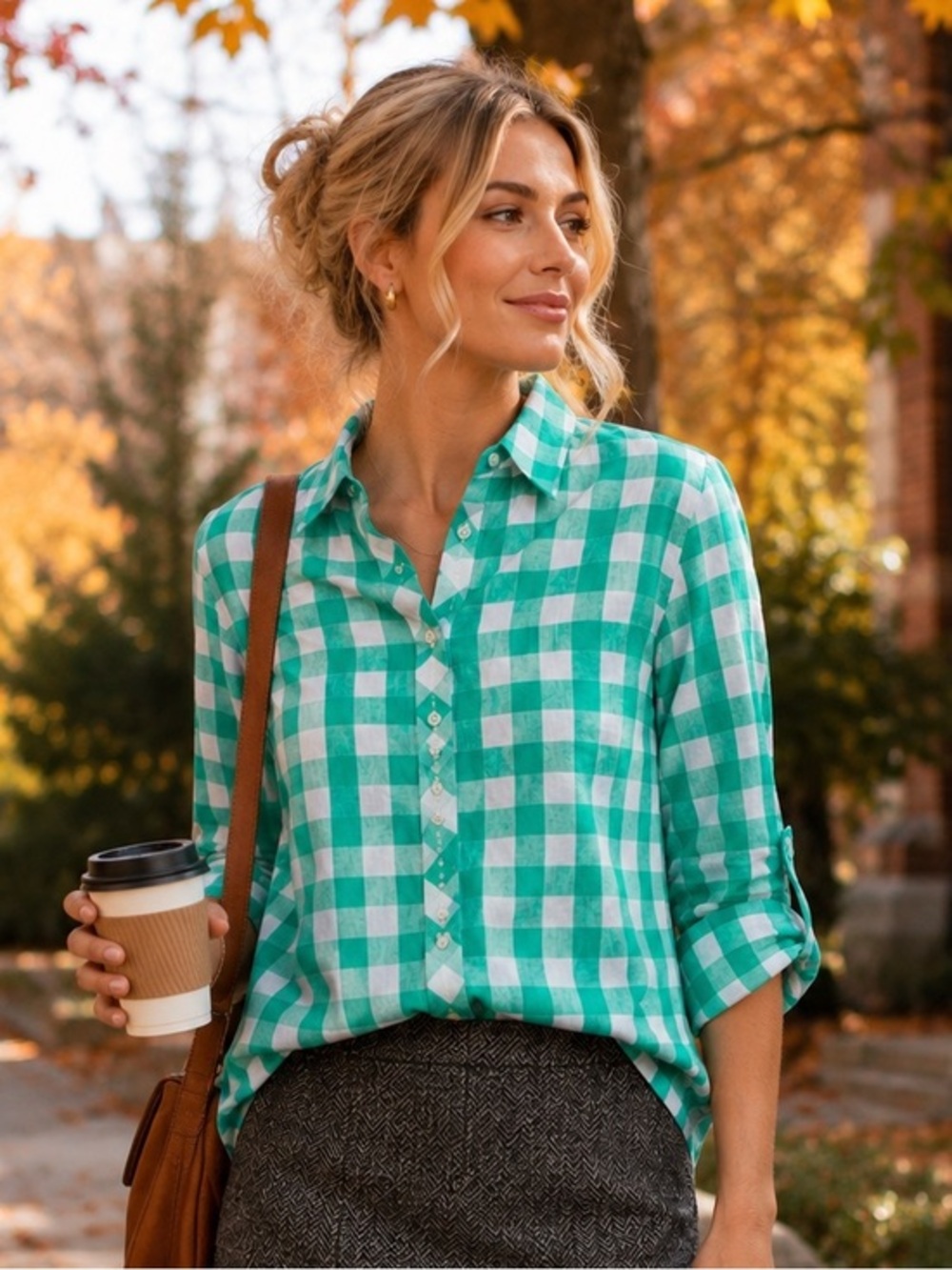 Talbots Checkered Plaid Green White Metallic Button Down Top Sz XS NWT